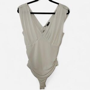 Express v neck white bodysuit with ruched details